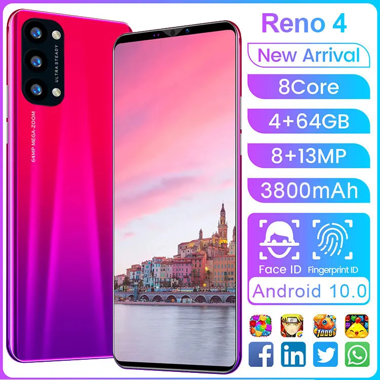 Reno4 5.0 Inch Face Fingerprint ID 8 Core Smartphone 8+13MP 4GB 64GB/128GB Cell Phone Andriod 10.0 MTK6779 3800mAh Mobile Phone