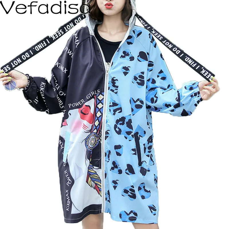 

Vefadisa Autumn Woman Cartoon Printed Spliced Coat Loose Zipper Hooded Collar Coat Full Sleeve Wide-waisted Coat 2019 QYF199