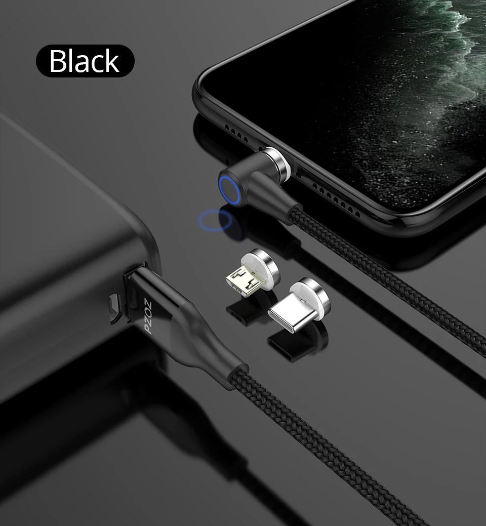 PZOZ 90 градусов Магнитный кабель для мобильного телефона micro usb быстрое зарядное устройство type c usb для iphone 11 pro x xs max Магнитный кабель для зарядки