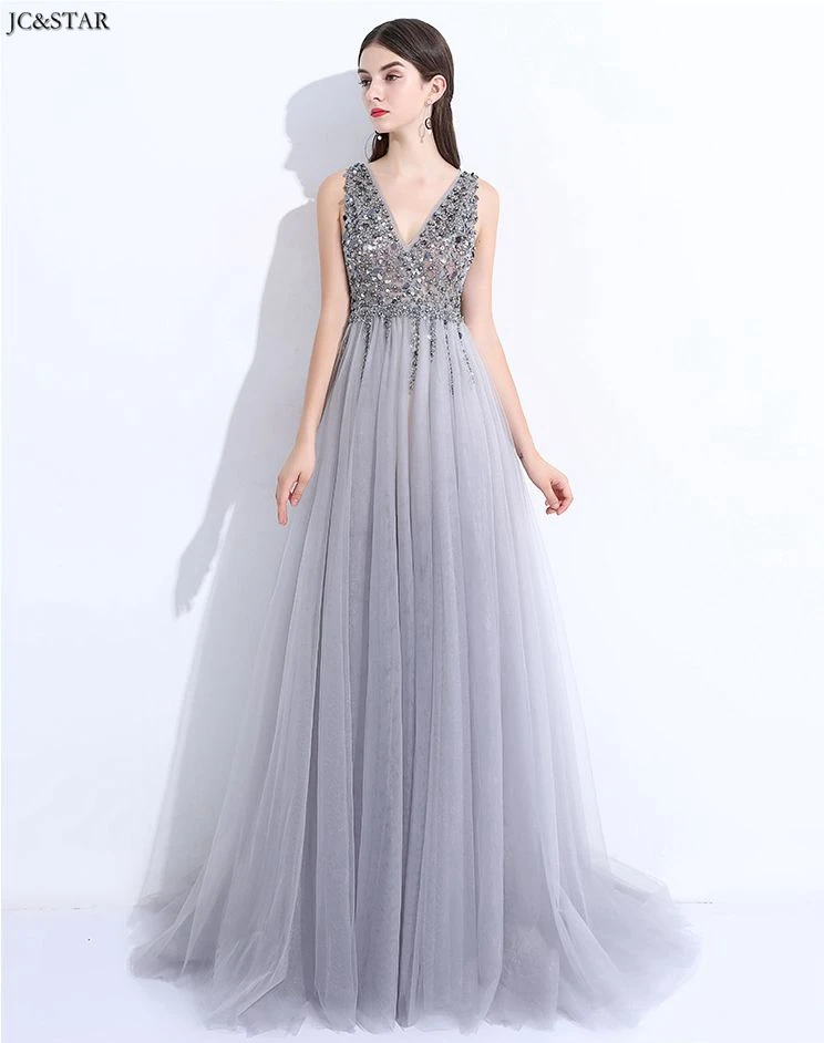 Серебристый Robe de demoiseur d honneur, новинка, тюль, расшитое бисером, сексуальное, v-образный вырез, высокий разрез, ТРАПЕЦИЕВИДНОЕ, серебристо-серое платье подружки невесты, со шлейфом, для свадебного гостя - Цвет: Серебристый