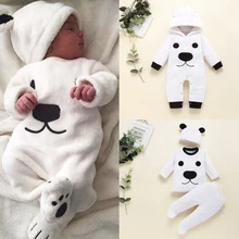 Одежда для новорожденных Одежда для новорожденных мальчиков одежда с капюшоном для маленьких девочек, Romer флисовый топ с длинными рукавами и рисунком медведя, штаны, шапка, комплект теплой зимней одежды для мальчиков