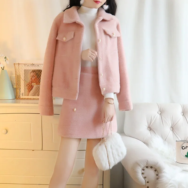 Kawaii Women Hairy Skirt Two Piece Set Slim Fit Pearls Winter Sweet Ladies Fluffy Outfits Clothes Suit Mini Matching Sets |