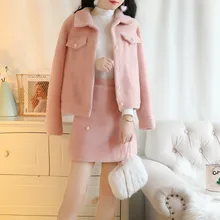 かわいい女性毛深いスカート 2 個セットスリムフィット真珠冬甘いレディースふわふわ衣装服スーツミニスカートマッチングセット(China)
