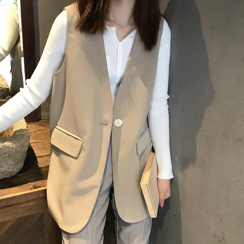 Mooirue Fall Women Suit Vest Sleeveless Beige Black Elegant Office V Neck Jacket Coat
