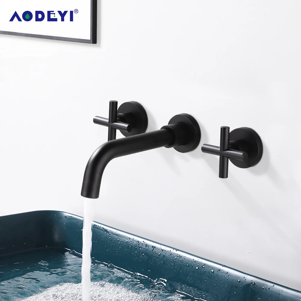 Matte Black Brass Double Handle Wall Mounted Bathroom Faucets Sink ...
