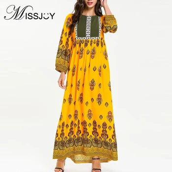 

MISSJOY 2019 Casual Printed O-Neck Abaya Muslim Long Sleeves Women Dresses Vintage Female Robe Loose Turkish Patchwork Plus Size