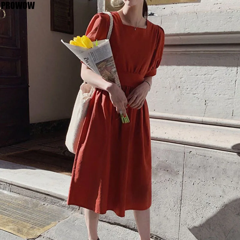 Vintage High Waist Square Collar Casual Dress 2020 New Summer Women Dress Cotton And Linen Lace Up Bow Puff Sleeve Long Dresses