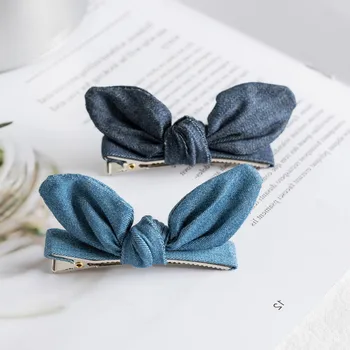

Korean version of new 2019 denim fabric bow hairpin female head jewelry knot duckbill clip wire wholesale Girl accessories