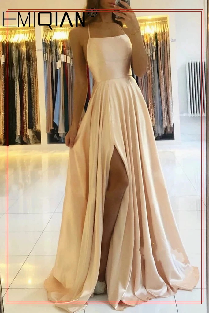 Womens Straps Prom Dress Long High Split Satin Evening Gowns Prom Spaghetti Formal Party Bridesmaid Dresses For Wedding windsor prom dresses