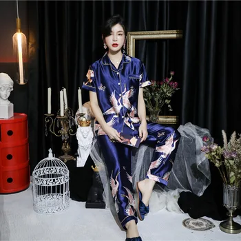 

Spring Autumn Women Pajamas Sets With Flower Print Fashion Luxury Female Faux Silk Nightwear Two Pieces Shirts + Pants Sleepwear