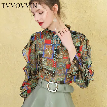 

China Tide Chiffon Print Shirt Western Style Hollow Out Bandage Bow Women Clothes Spring New Stand Collar Blouse Top P007