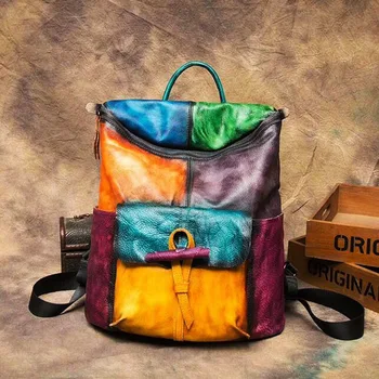

Retro Distressed Genuine Leather Patchwork Panelled Color Women Backpack 2019