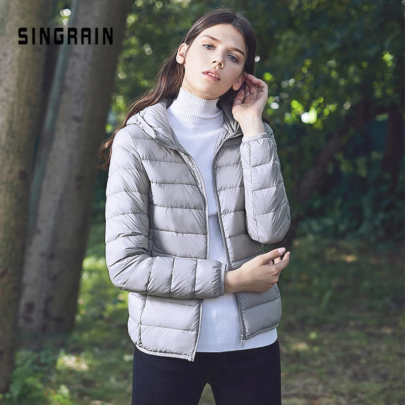 SINGRAIN Women Down Jacket Hooded 95% Duck Warm Overcoat Solid Portable Outerwear Large Size Ultra Light Down Coat Winter