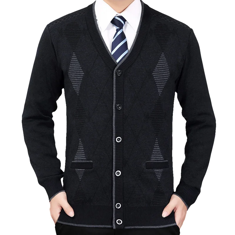 Men Elegant Wool Cardigan Sweaters Autumn Spring Dark Gray Camel Argyle Pattern Knitted Tops Male Smart Casual Plaid Knitwear