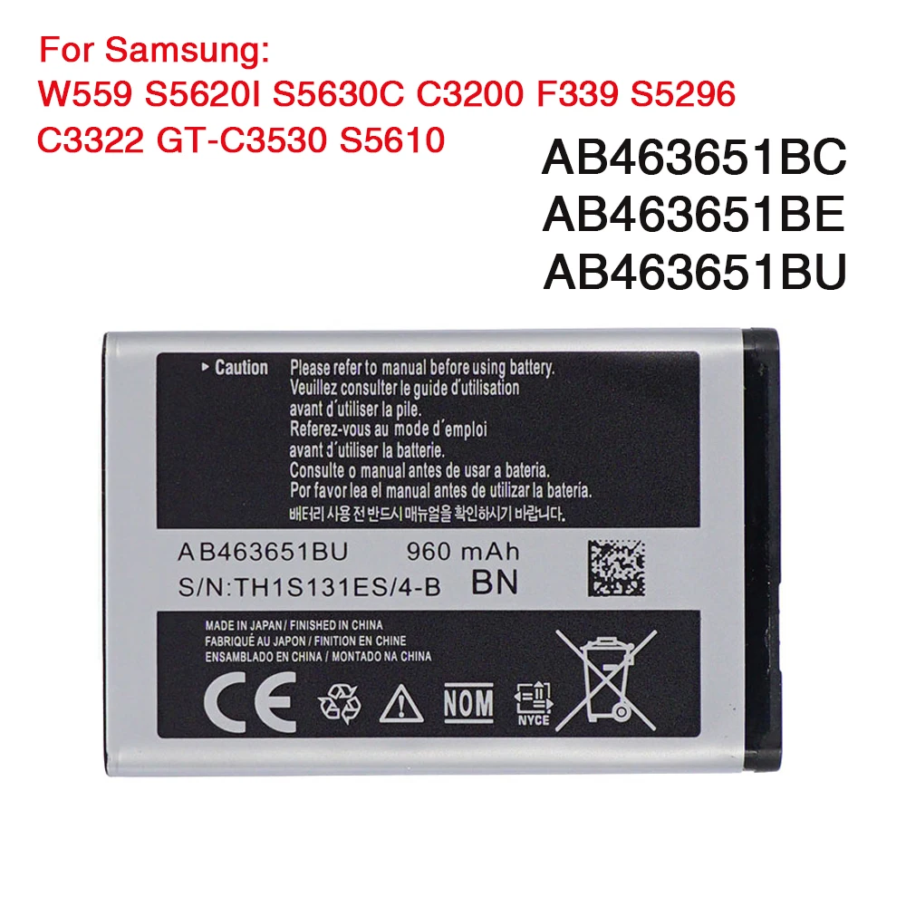 Оригинальный аккумулятор AB463651BU для Samsung W559 S5620I S5630C S5560C C3370 C3200 C3518 J808 F339 S5296 C3322 L708E
