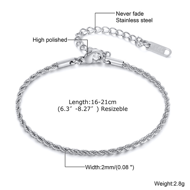 Twist Rope Chain Bracelet for Women Stainless Steel Bracelets Female Wrist Adjustable Length Party Layering Jewelry