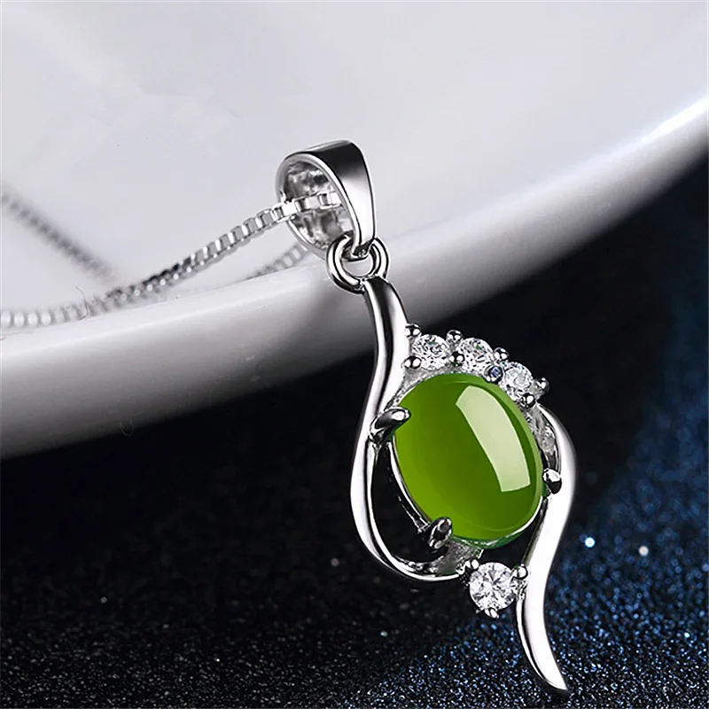 

Natural Green Chalcedony Oval Jade Pendant 925 Silver Necklace Chinese Carved Charm Jewelry Fashion Amulet for Women Lucky Gifts