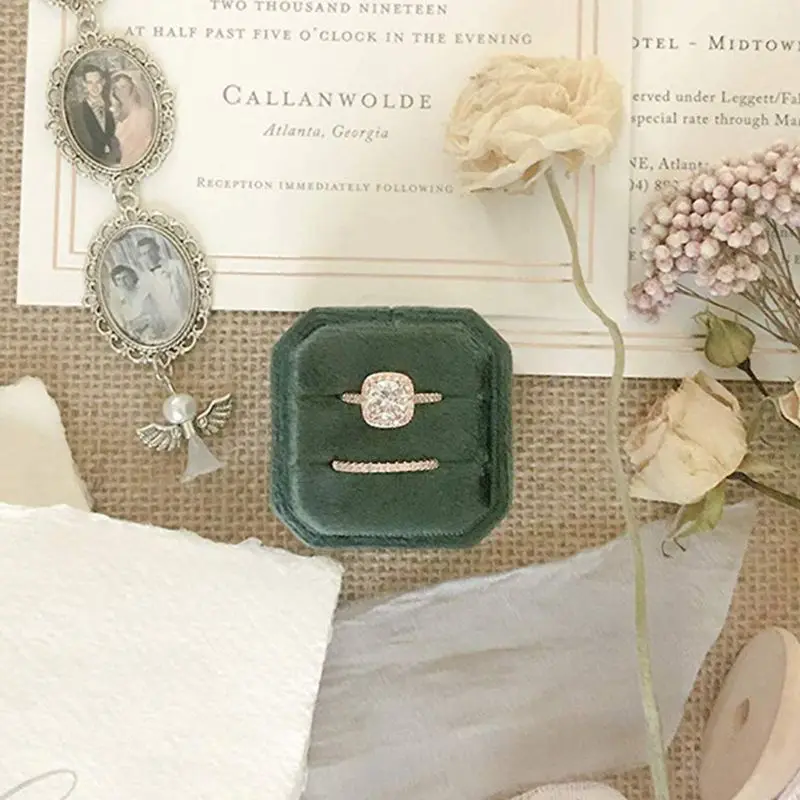 Восьмиугольная бархатная коробка для колец, двойное кольцо, держатель для дисплея, съемное кольцо крышки, коробка для свадебной церемонии(темно-серый