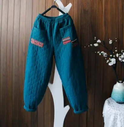 bright blue Женские брюки, теплые, свободные, большие размеры, зима-осень, плотные, с хлопковой подкладкой, с эластичной талией, шаровары, винтажные, повседневные, женские брюки - Цвет: bright blue
