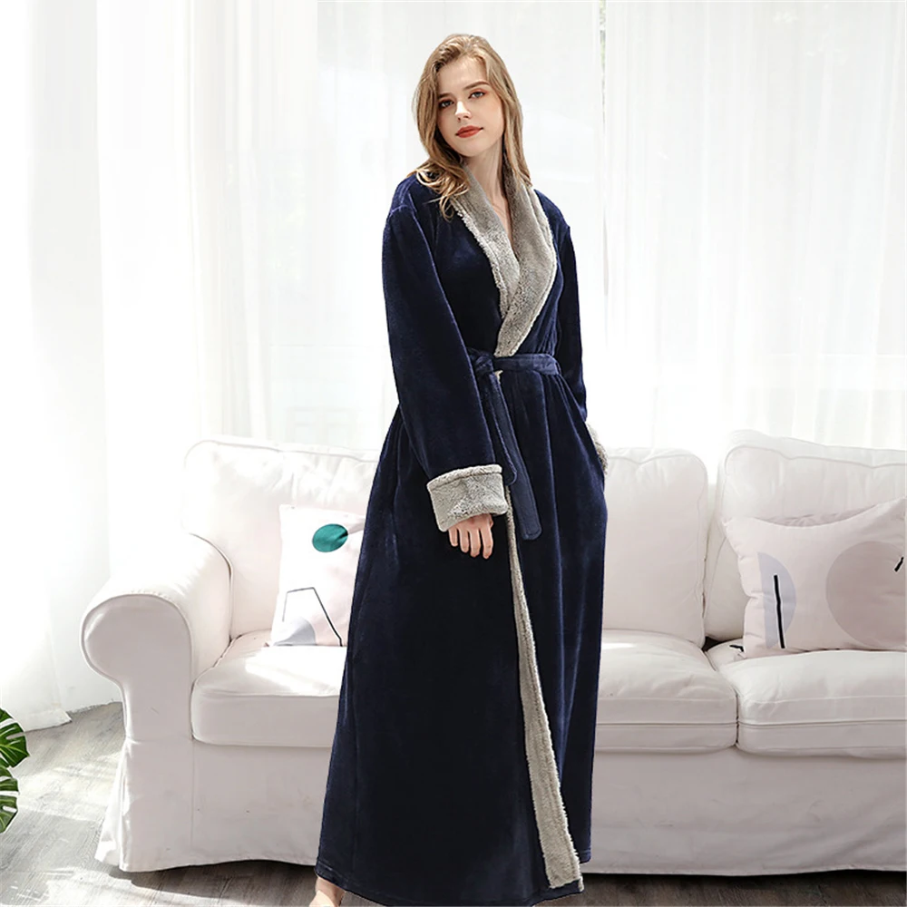 Female-Navy-velvet Женский зимний халат, благородная пара теплых плотных фланелевых бархатных халатов roupao feminino, свободная мягкая Домашняя одежда с поясом, одежда для сна - Цвет: Female-Navy-velvet