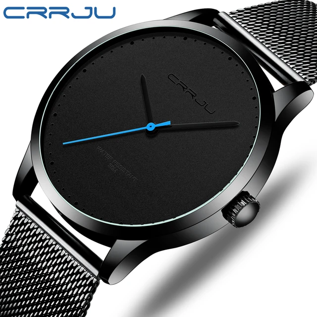 2021 Men Slim Watches Crrju Fashion Casual Date Waterproof Mesh Strap  Watches For Men Cool Black Quartz Steel Wrist Watch - Quartz Wristwatches 