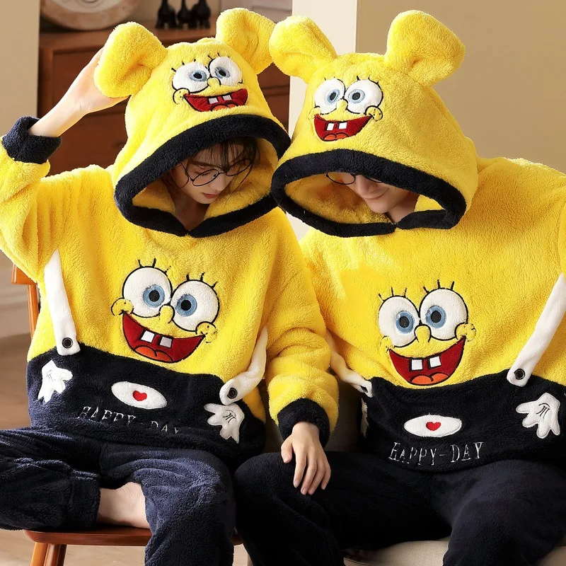 

Winter 2 Pieces Unisex Adult Couple Pajamas Set Men Women Coral Fleece Sleepwear Warm Pajama Animal Cartoon Cute Hooded Homewear