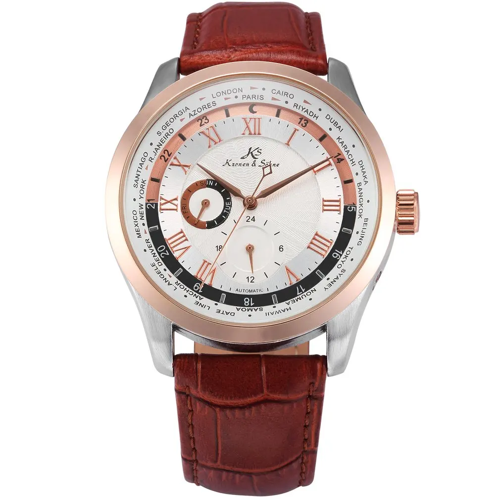 

Imperial KS White 24 Hour Roman Self Winding Relogio Black Leather Band Week Day Clock Mechanical Mens Automatic Watches /KS303