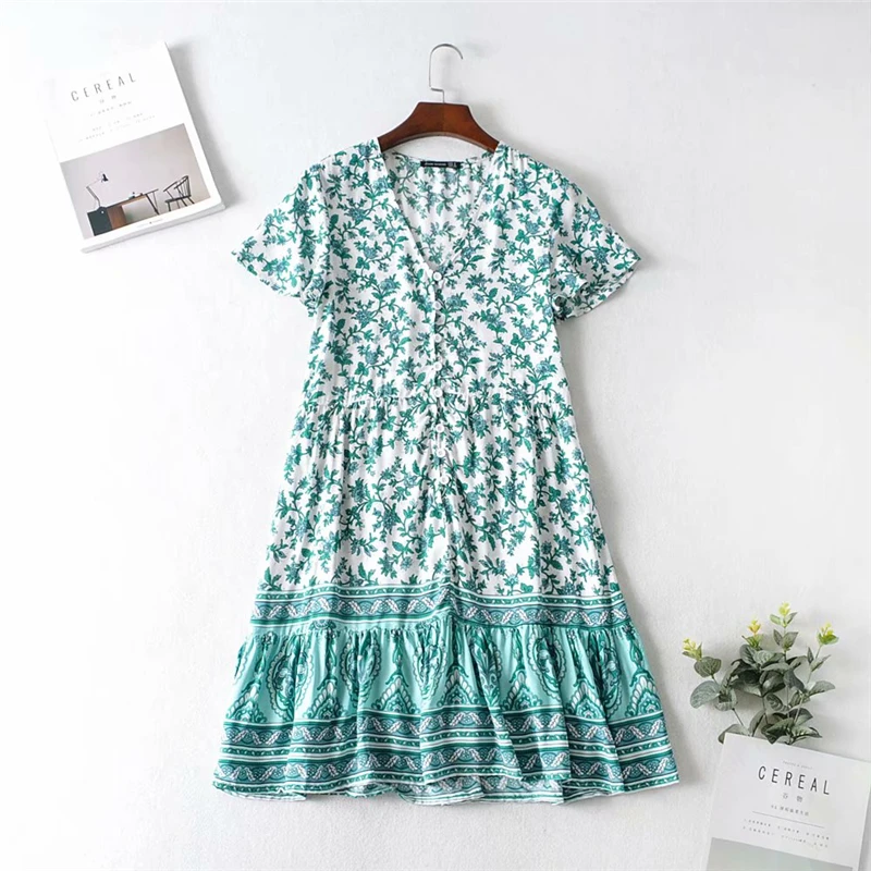 Vintage chic women green floral print deep V-neck Vacation Bohemian mini dress Ladies short sleeve botton Boho dresses vestidos