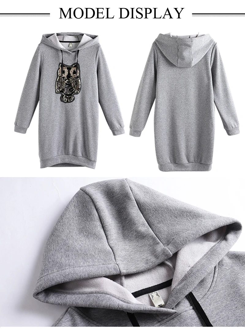 Осенне-зимнее плотное женское мини-платье больших размеров 5xl 4XL 3XL-l серое повседневное офисное платье с капюшоном и длинным рукавом с аппликацией vestidos robe