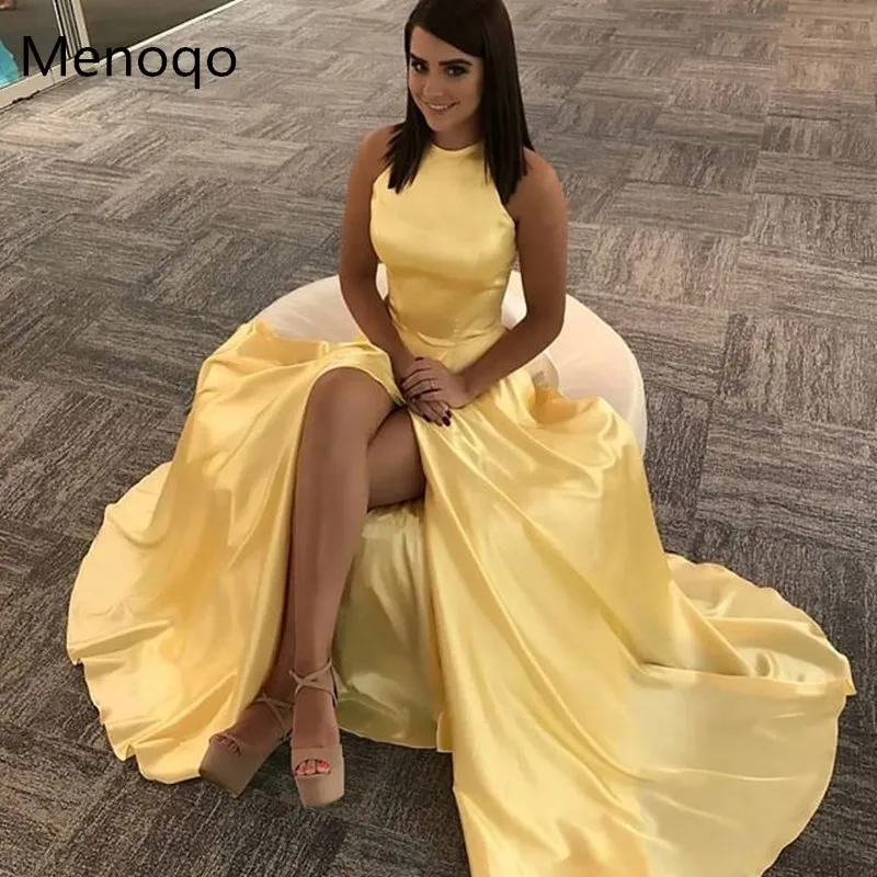 Menoqo Желтые атласные вечерние платья новое поступление длина до пола без рукавов Холтер высокий разрез А-силуэт вечерние платья для выпускного вечера с карманом