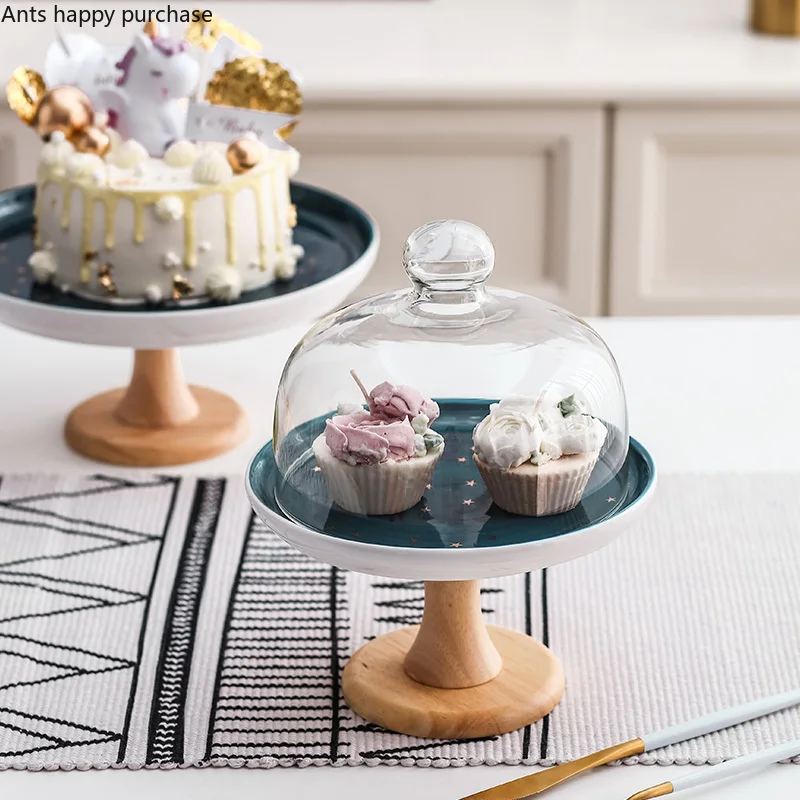 

Ceramics Starry Sky Cake Pan High Foot Glass Cover Dessert Dessert Table Decoration Show Tray Try Eating with Lid Cake Stand
