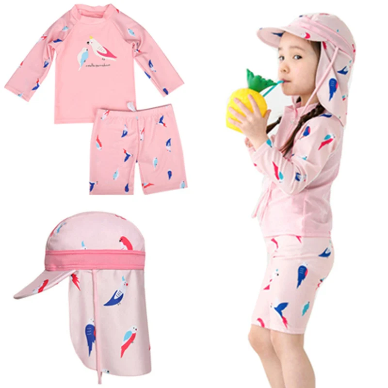 Baby Kids Girl Clothes Kids Pink Parrot Summer Swimwear Tops+Shorts Set SwimSuit Bathing Beach Clothing Hat Long Sleeve