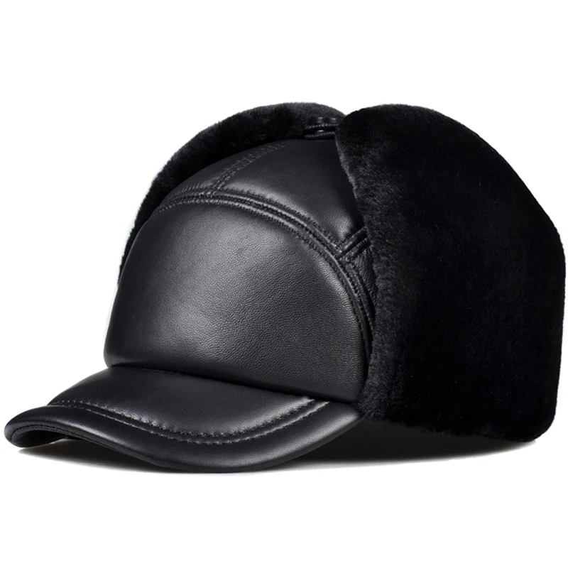 Sheepskin & Leather Bomber Hat w Earflap Unisex Aviator Trapper Cap Fur Ear Flap 