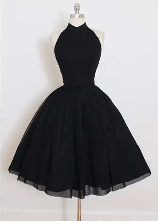 Tanio Vintage krótki czarny szyfonowa Halter Homecoming suknie z kieszeniami sklep