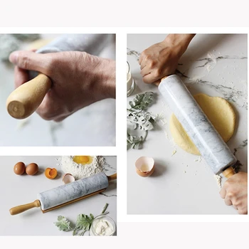 

Marble Rolling Pin with Wooden Barrel Handle Base-Set for Baking Donut Cookie Pasta Dough Pastry Fondant Pie Chef-Gray
