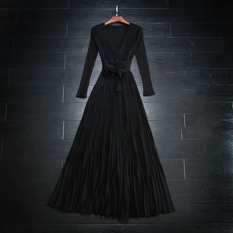 Осенне-зимнее платье женское элегантное сексуальное теплое вязаное платье кружевное с v-образным вырезом и длинным рукавом ТРАПЕЦИЕВИДНОЕ длинное платье черного и красного цвета vestidos