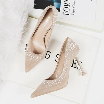 

High Heels Women Diamond Suede Women's Shoes Pointed Pumps Fine with Low-Cut Business Shoes Black Red Yellowsalto alto feminino