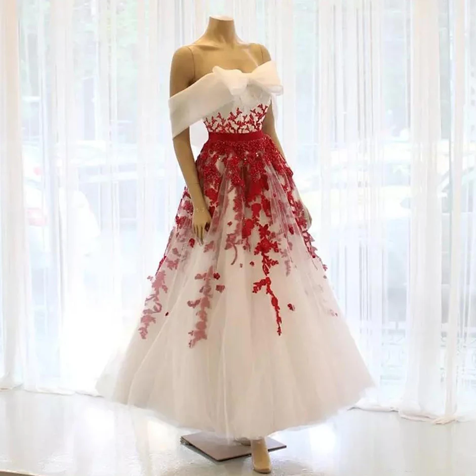 White and Red Tea Length Prom Dresses Off Shoulder Lace Appliques Short Party Evening Gown Sequin Girls Special Occasion Dress