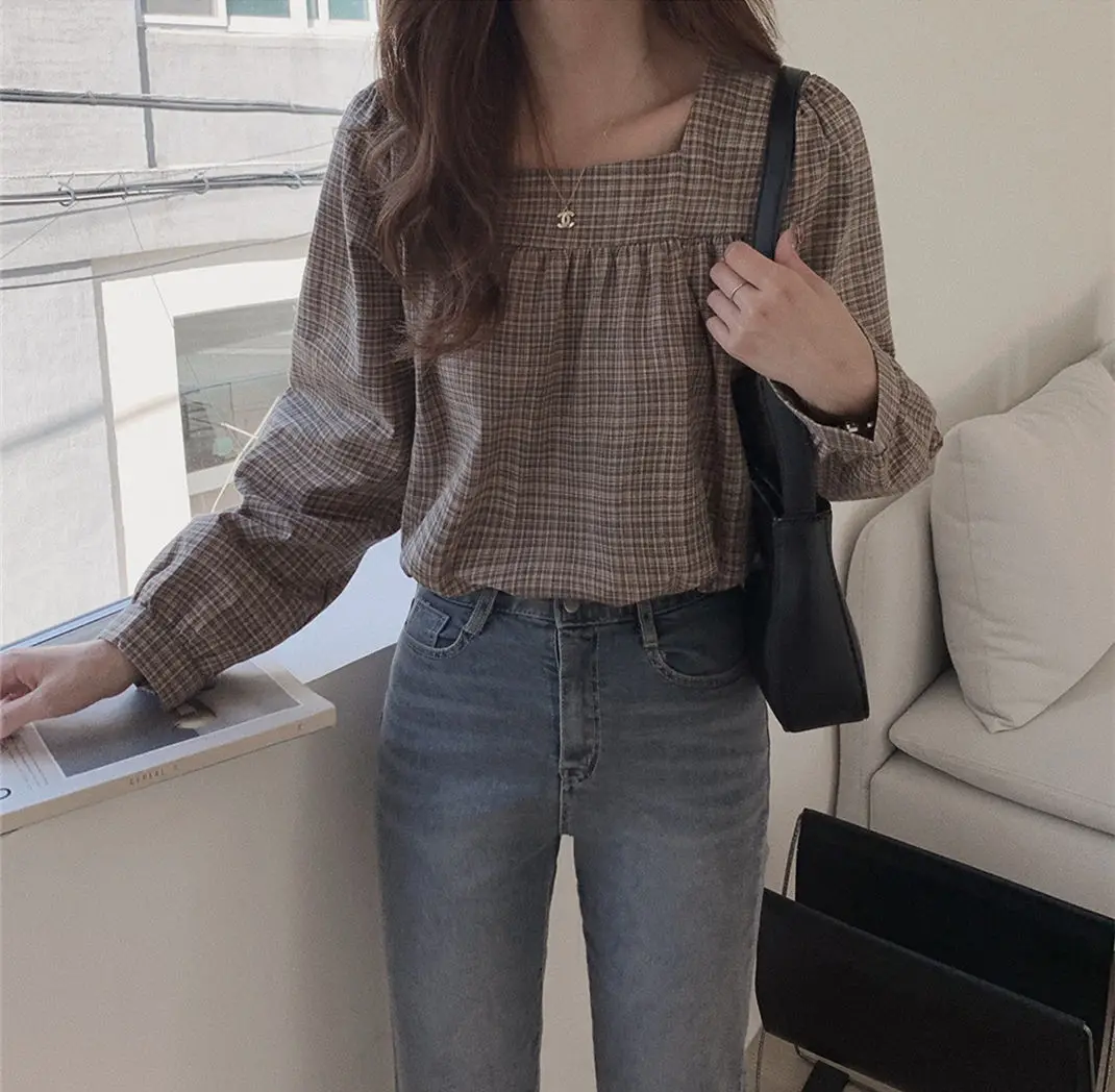 Plaid New Womens Blouses Summer Tops Femme Casual Women Shirt Long Sleeve Cotton Girls women Blouse New Blusas Solid Loose