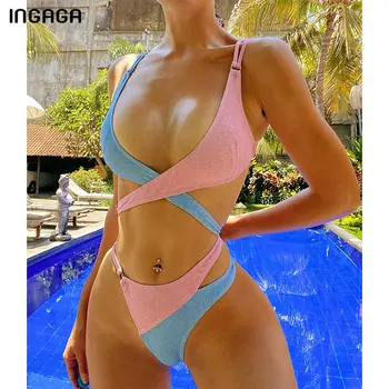 

INGAGA Cross Bandage Bikinis 2020 Solid Patchwork Swimwear Wome Sexy High Leg Swimsuit Tropical Cut Out Biquini Women's Bathers
