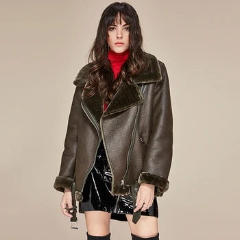 

MAISON GABRIELLE Fall Winter Faux Shearling Jacket Lamb Skin Motorcycle Fur Leather Jacket Women's Mid-Length Outfit Trendy Warm