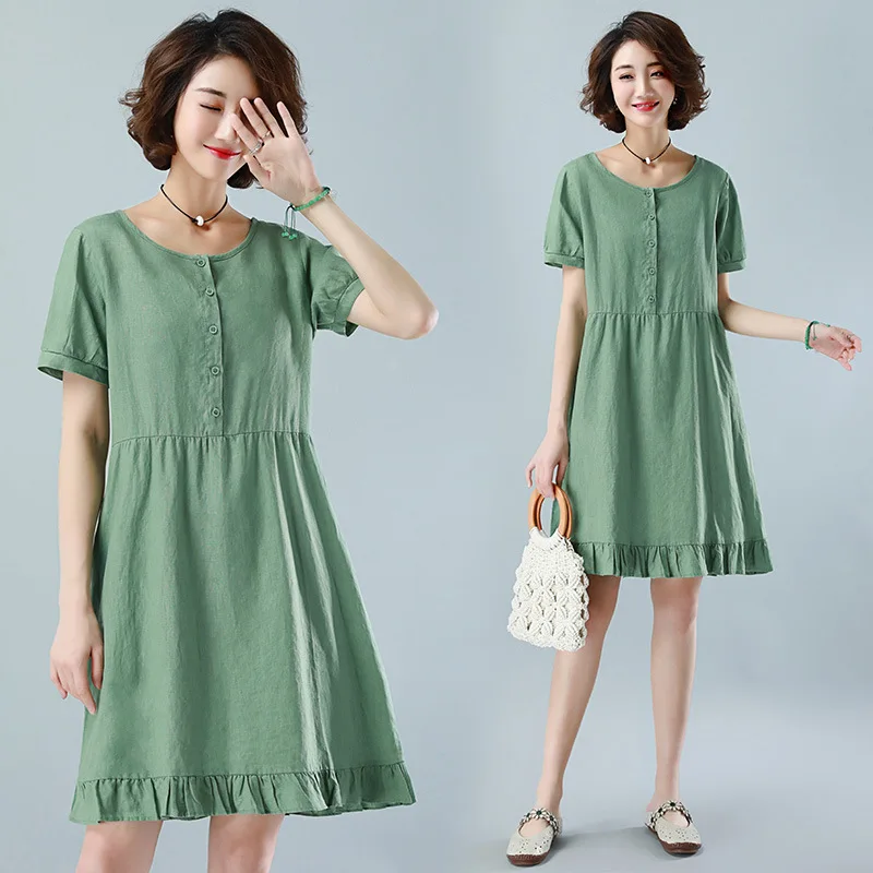 

Flax Dress WOMEN'S Short Sleeved 2019 Summer New Style WOMEN'S Dress Korean-style Casual Loose-Fit Slimming Cover Belly A- line