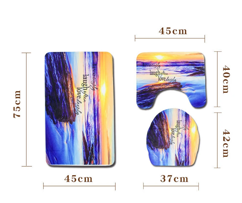 Zeegle Sea Wave Printed Carpet Bathroom Flannel Cover Toilet Bath Mats Set Anti-slip Bathroom Mat Toilet Rugs Shower Room Rug