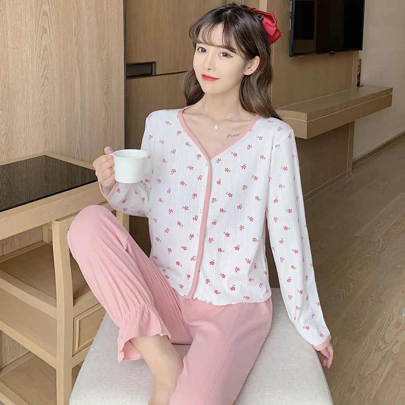 Print Flower Pajamas Set Nightwear Cotton Sleep Pink 2PCS Sleepwear Spring New Pijamas Suit Long