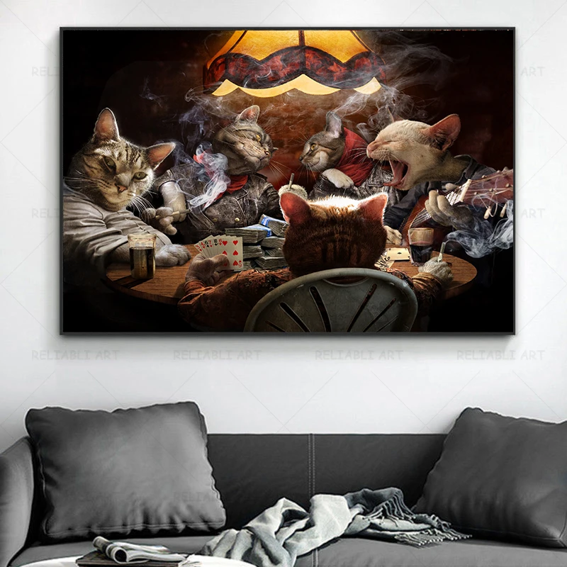 Cat Dog Poker Smoking Fun Drinking Canvas Posters and Prints Animal Canvas Painting Wall Art Game Playing Cards Romm Decoration