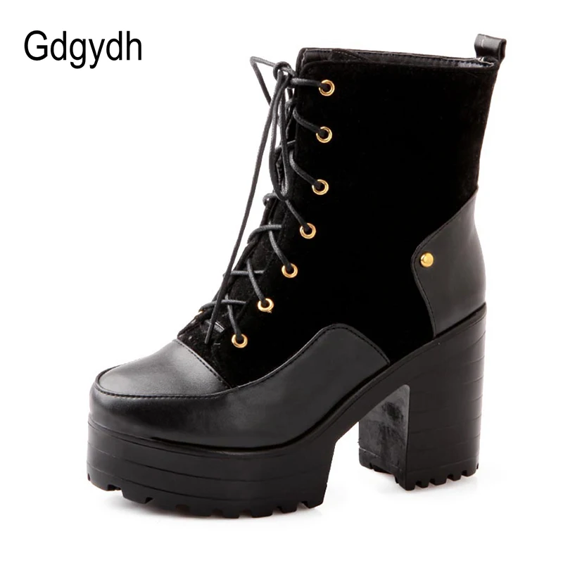 

Gdgydh Fashion Design Women High Heeled Shoes Mixed colors Lace-up Platform Female Motorcycle Boots Round Toe Fur Winter Boots