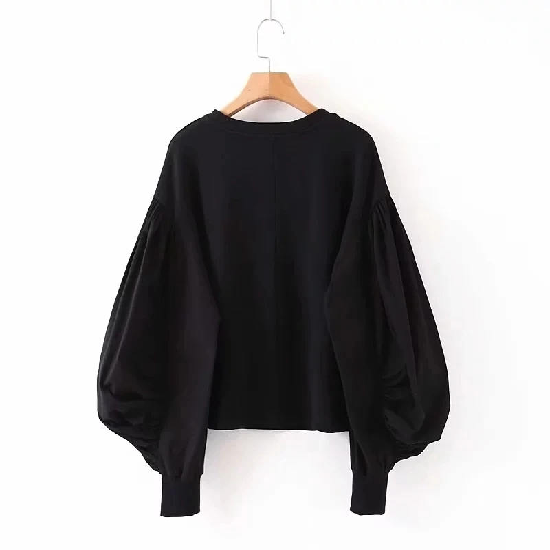 ZA autumn winter women stitching puff sleeve fashion black loose sweatshirt Casual chic lady pullover female pull woman clothes