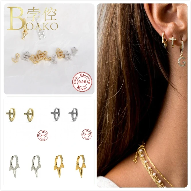 

Punk 925 Sterling Silver Earrings For Women Small Hoop Earrings Men Gold Spike Ear Bone Earring Girl Zircon Letter Earrings Z5