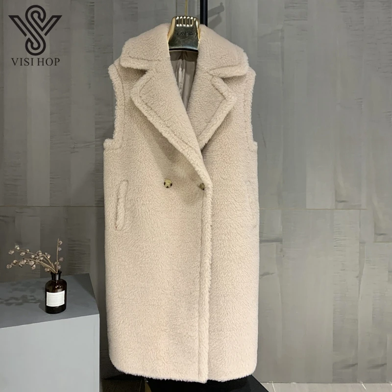 long puffer coat VISI HOP VS5503 Max Teddy Bear brand wool vest women 2021 new real fur waistcoat thicken alpaca sleeveless winter long vest down coats & jackets Coats & Jackets