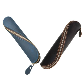 

2 Pcs Leather Pencil Case, Small Vintage Handmade Pen Case with Zipper, Genuine Leather Art Craft Spiral Pen Holder Pencil Pouch